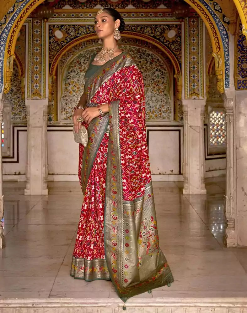 Image of Red and Green Coloured Patola Silk Saree