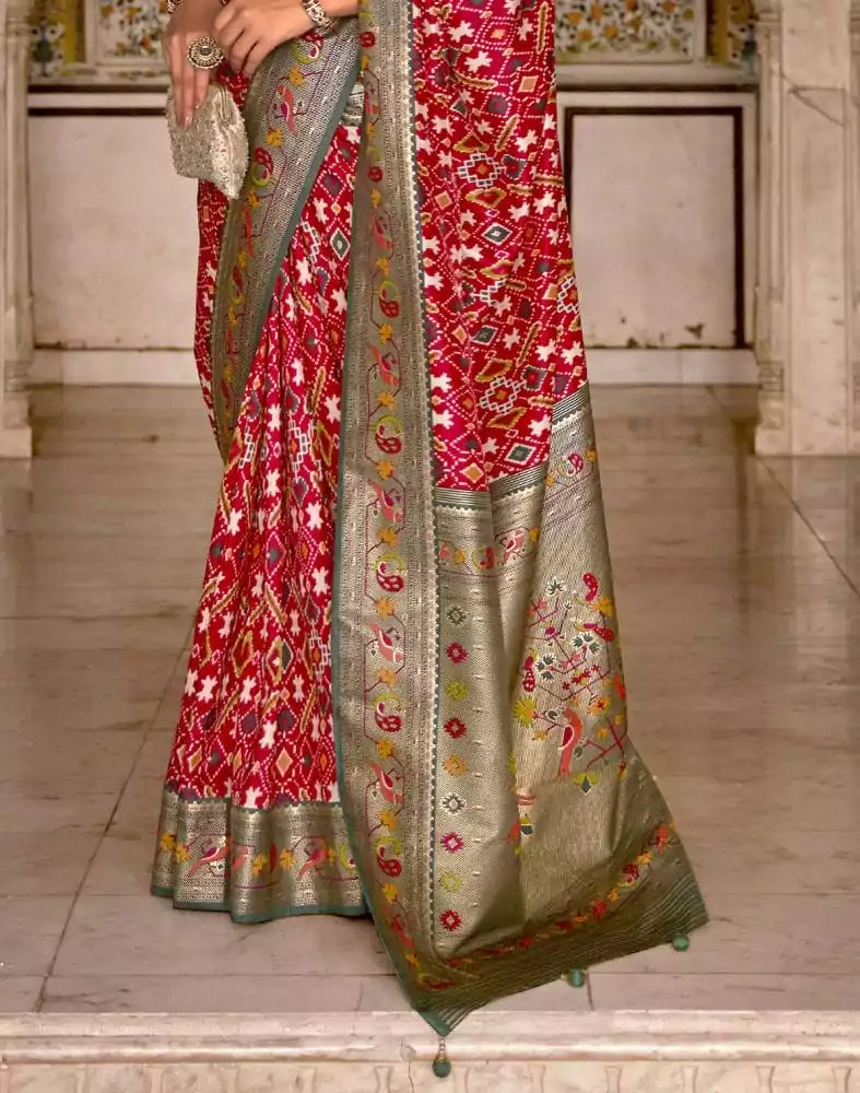 Image of Red and Green Coloured Patola Silk Saree