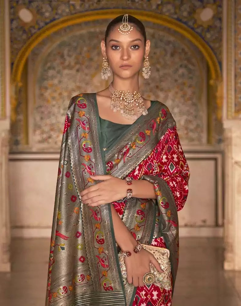 Image of Red and Green Coloured Patola Silk Saree