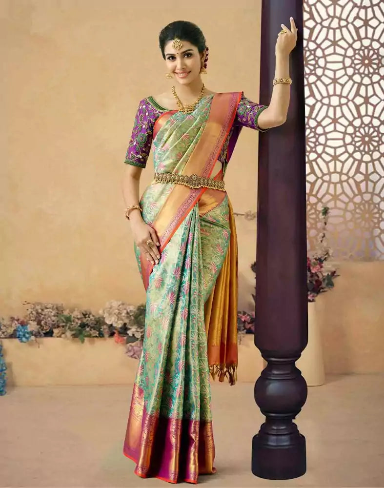 Image of Elegant Unique Floral Design Pure Kanchi Tissue Saree