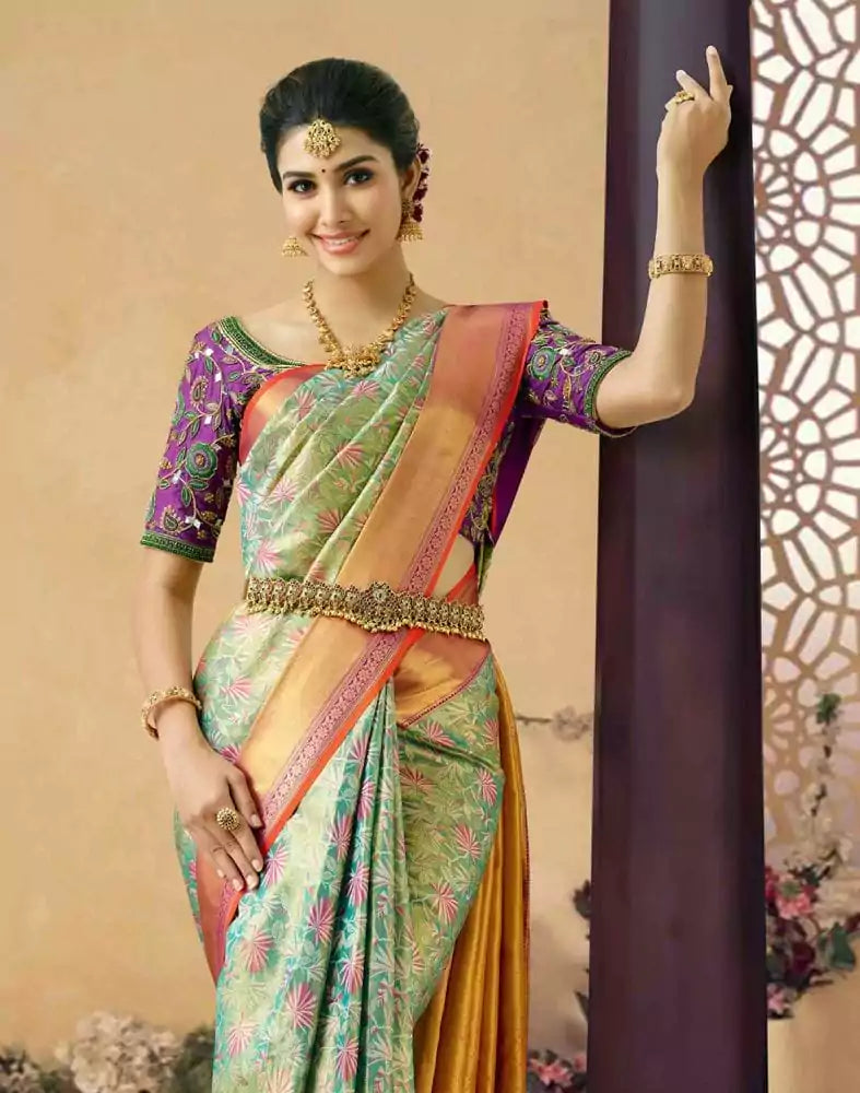 Image of Elegant Unique Floral Design Pure Kanchi Tissue Saree
