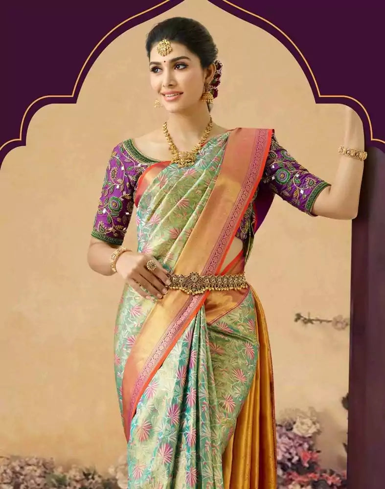 Image of Elegant Unique Floral Design Pure Kanchi Tissue Saree