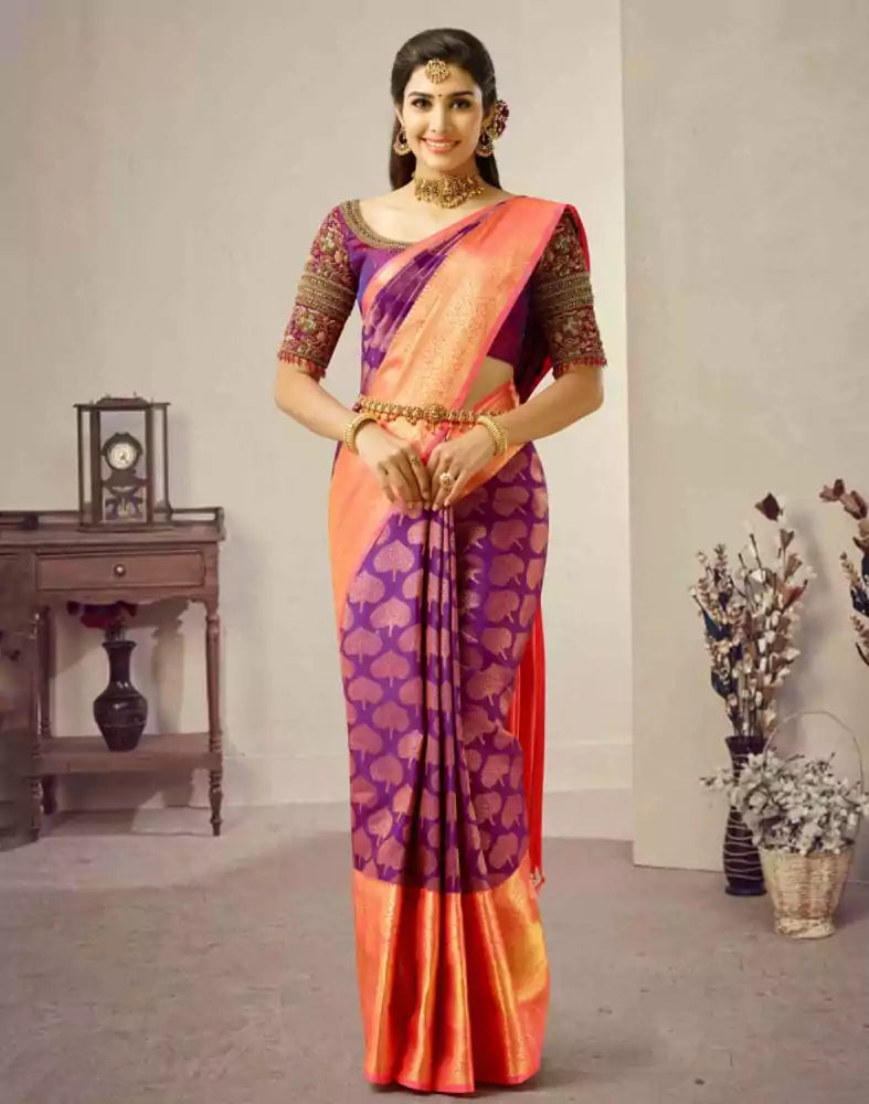 Image of Divine Purple and Peach Pure Kanchi Pattu Saree