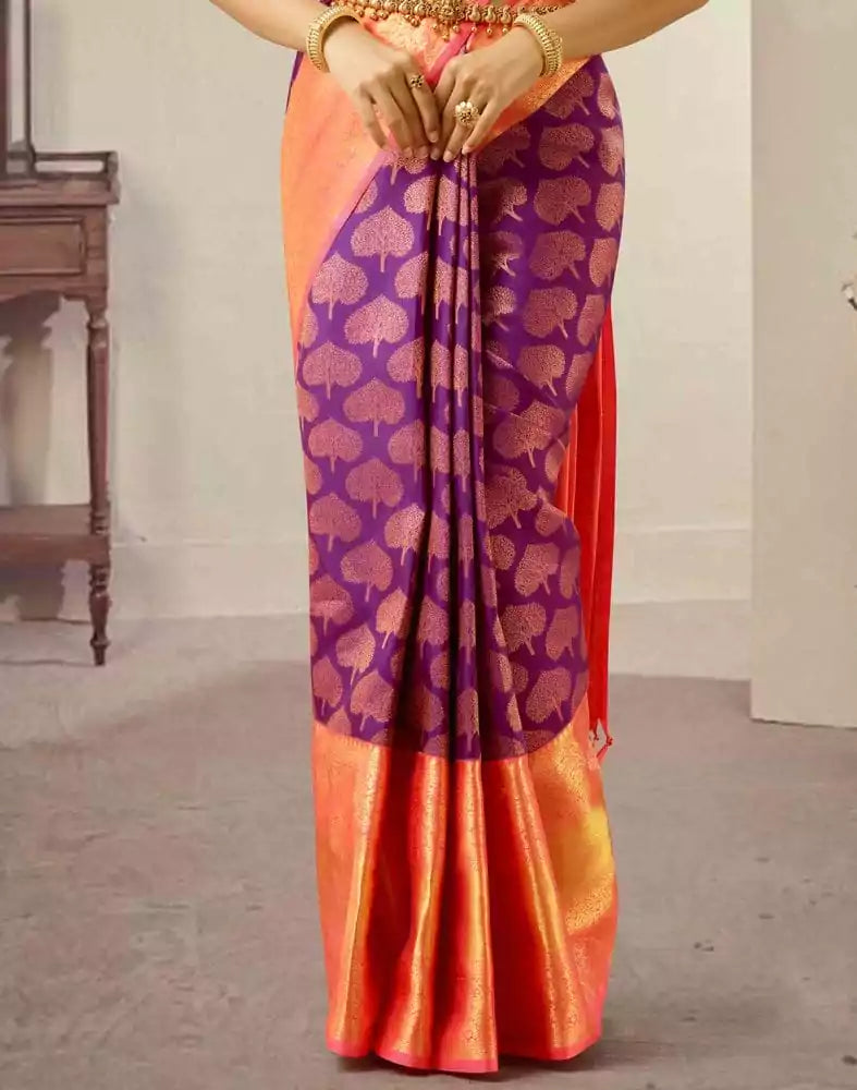 Image of Divine Purple and Peach Pure Kanchi Pattu Saree