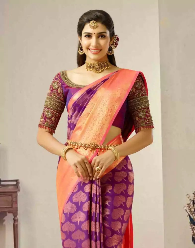 Image of Divine Purple and Peach Pure Kanchi Pattu Saree