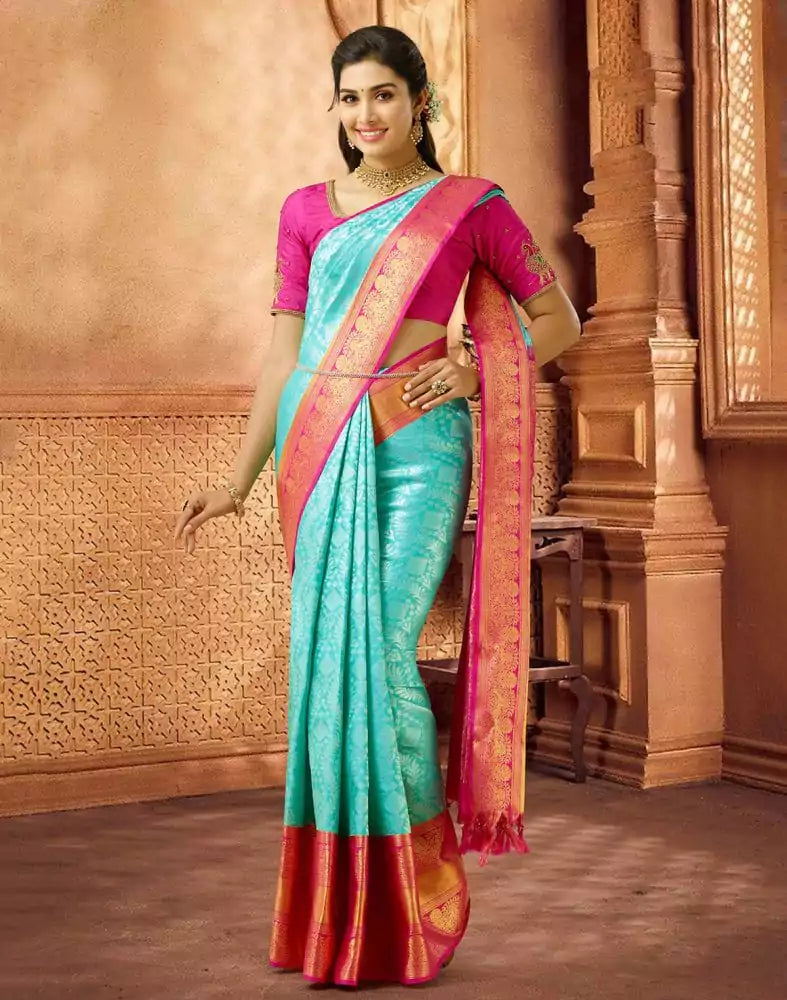 Image of Grandeur Sea Blue and Pink Pure Kanchi Pattu Saree