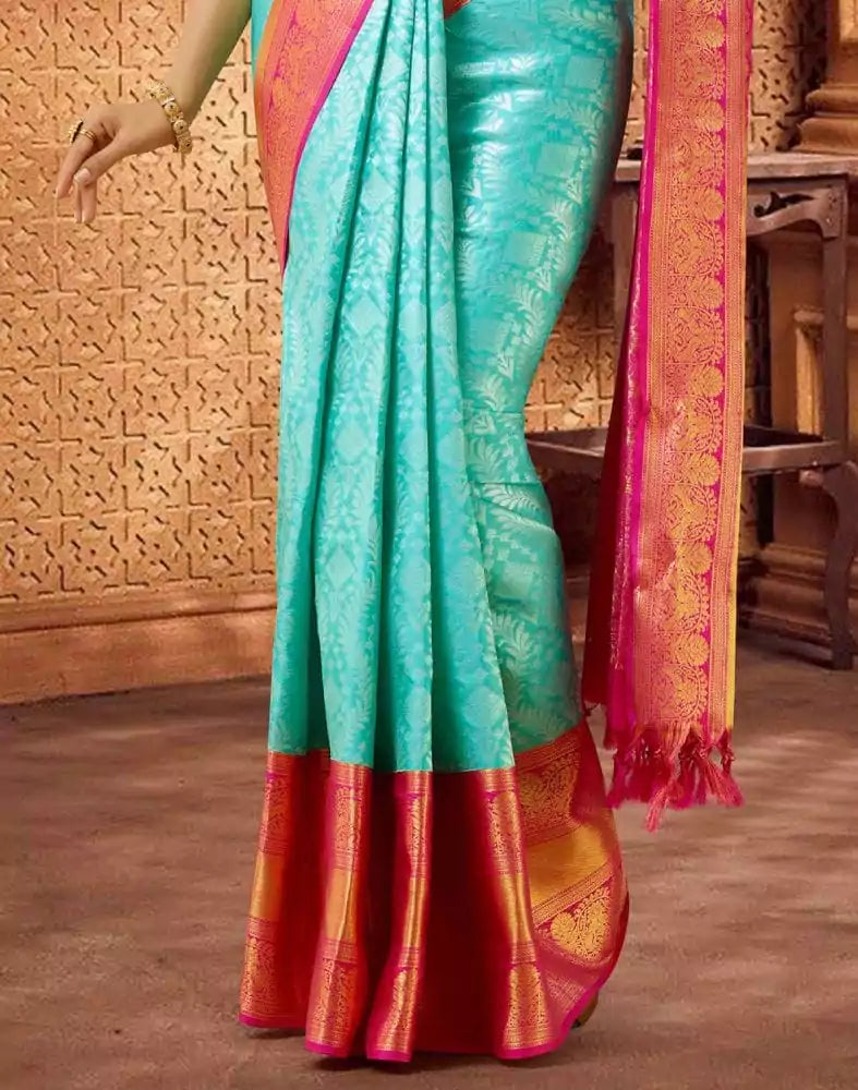 Image of Grandeur Sea Blue and Pink Pure Kanchi Pattu Saree