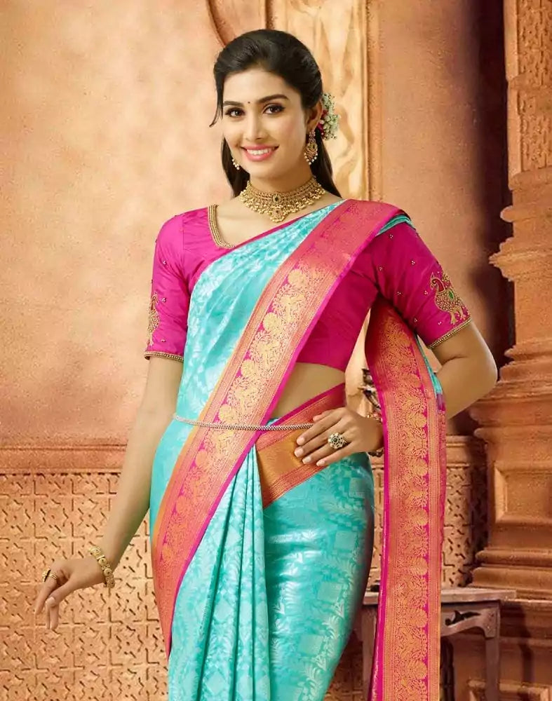 Image of Grandeur Sea Blue and Pink Pure Kanchi Pattu Saree