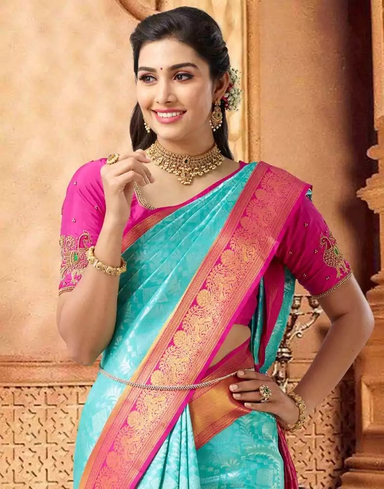 Image of Grandeur Sea Blue and Pink Pure Kanchi Pattu Saree