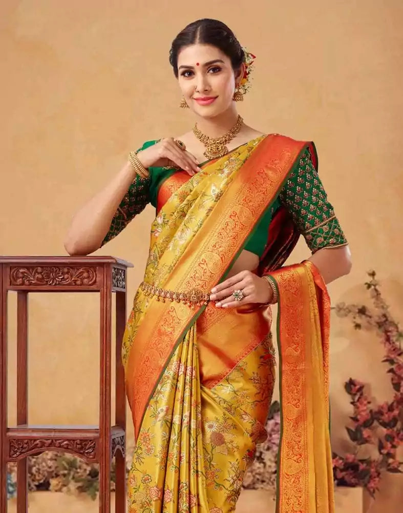 Image of Luxurious Botanical Design Weave Pure Kanchi Tissue Saree
