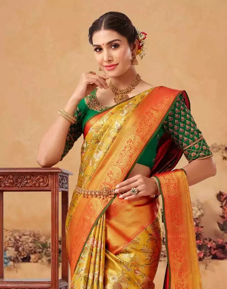 Image of Luxurious Botanical Design Weave Pure Kanchi Tissue Saree