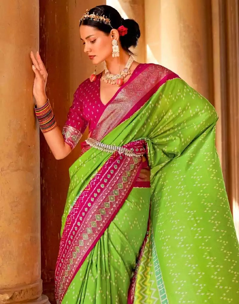 Image of Parrot Green Chevron Patola Fabric Saree