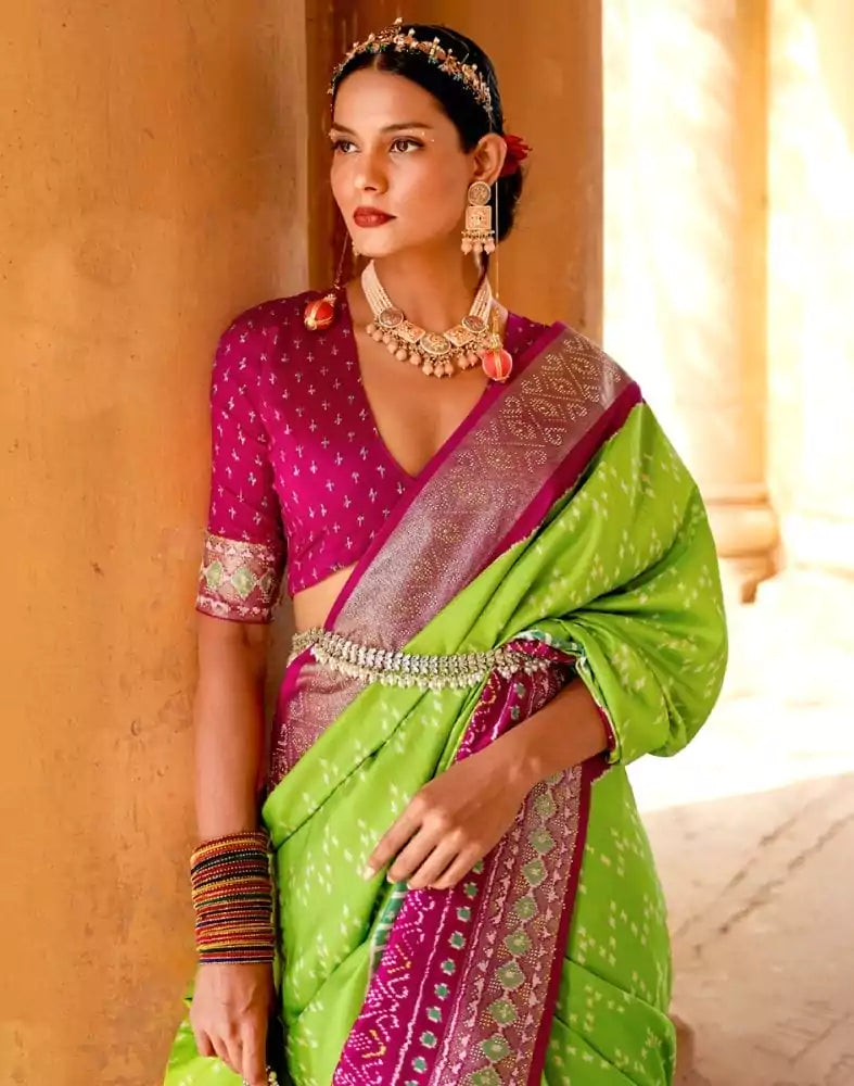 Image of Parrot Green Chevron Patola Fabric Saree