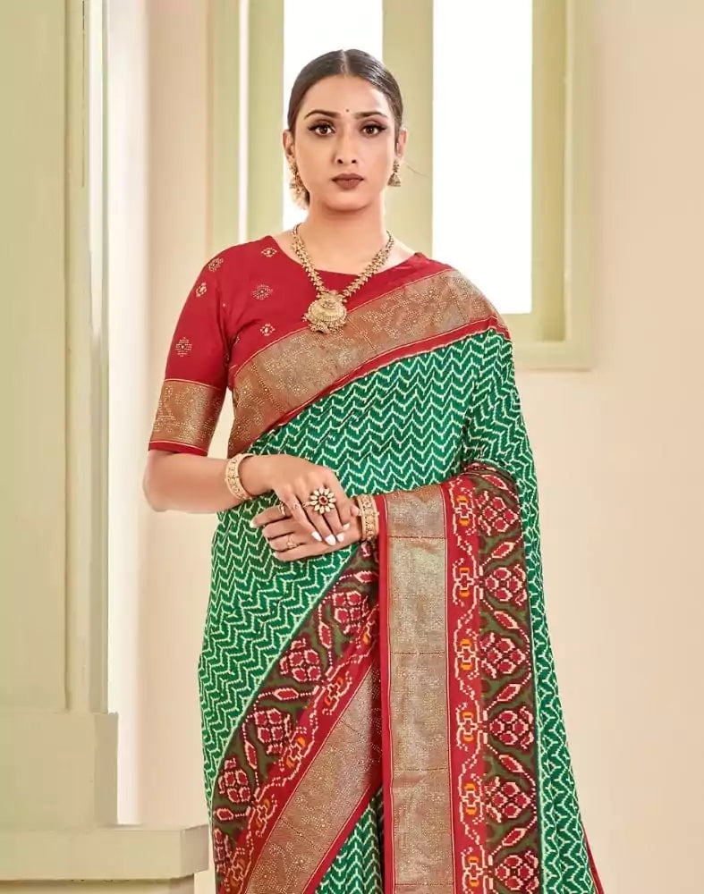 Image of Green Chevron Pattern Patola Saree