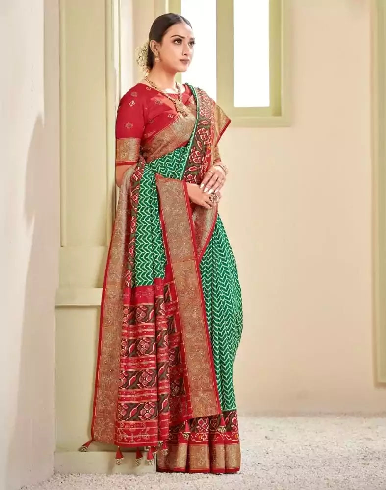 Image of Green Chevron Pattern Patola Saree