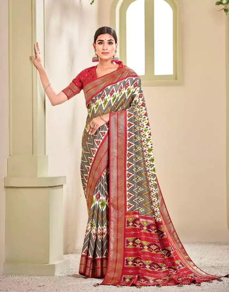Image of Light Grey Ikat Print Patola Fabric Saree