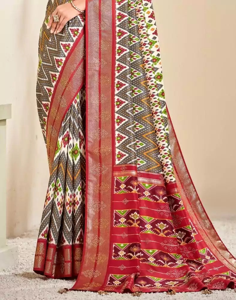 Image of Light Grey Ikat Print Patola Fabric Saree