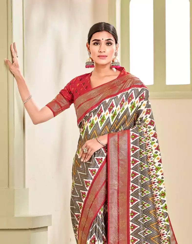 Image of Light Grey Ikat Print Patola Fabric Saree
