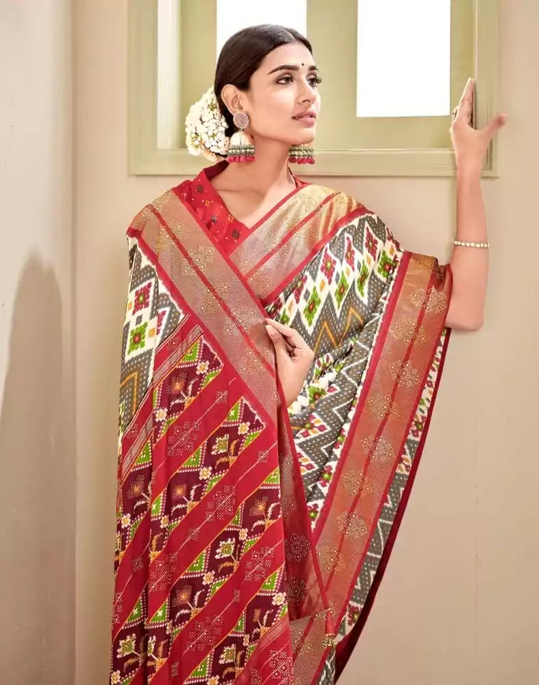 Image of Light Grey Ikat Print Patola Fabric Saree