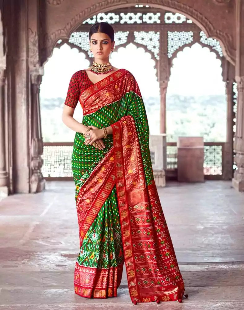 Image of Green Ikat Pattern Patola Fabric Saree