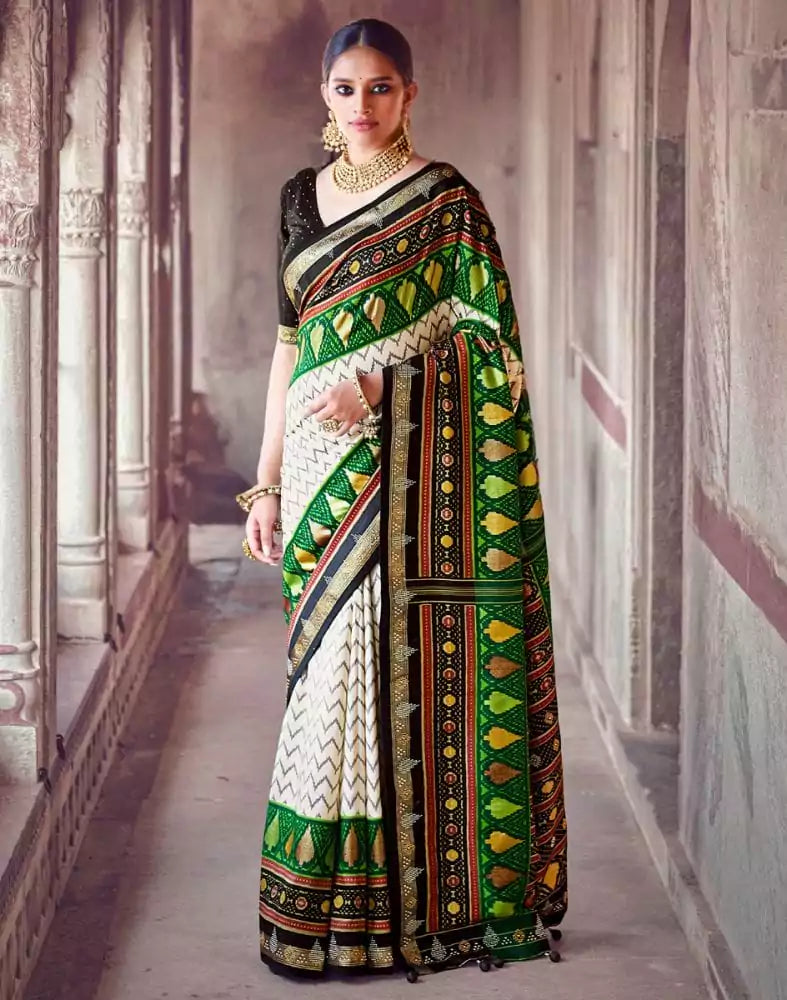 Image of Off White Chevron Pattern Patola Fabric Saree
