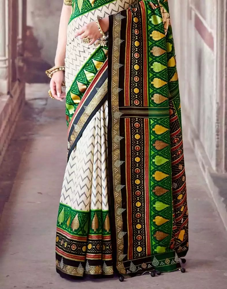 Image of Off White Chevron Pattern Patola Fabric Saree
