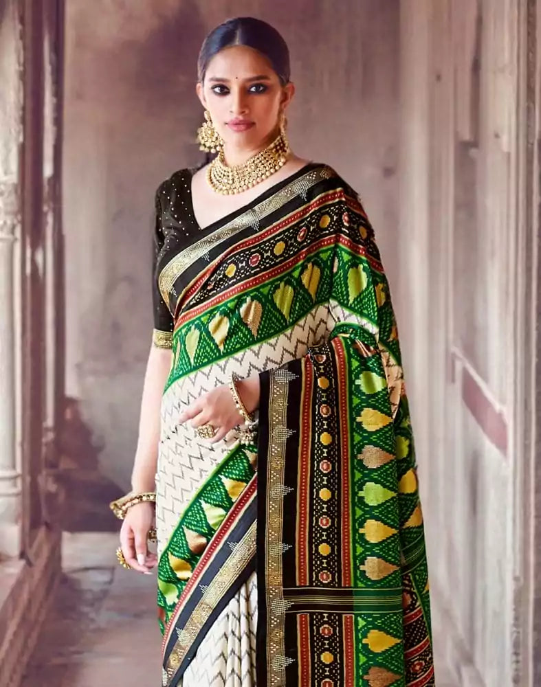 Image of Off White Chevron Pattern Patola Fabric Saree