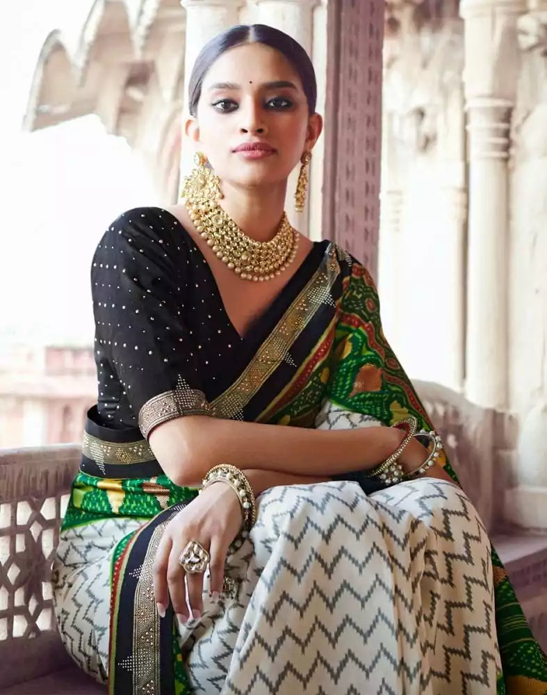 Image of Off White Chevron Pattern Patola Fabric Saree