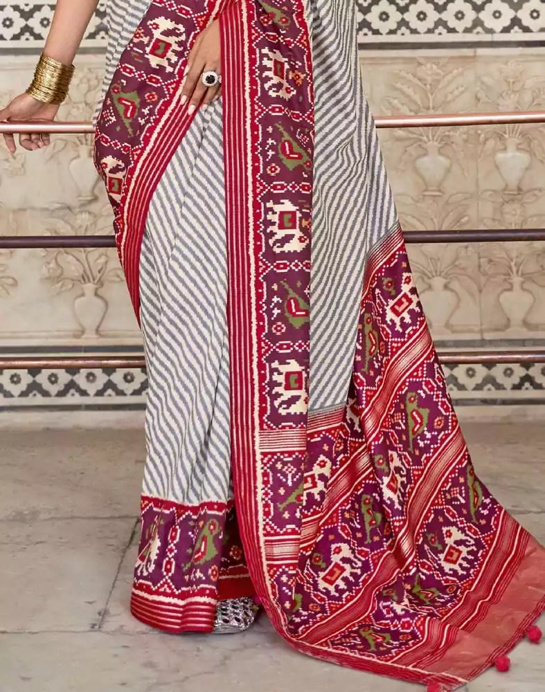 Image of Grey and Red Weaving Patola Saree