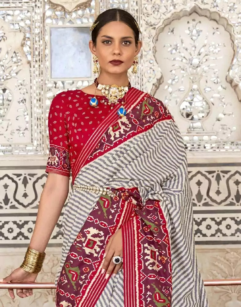 Image of Grey and Red Weaving Patola Saree