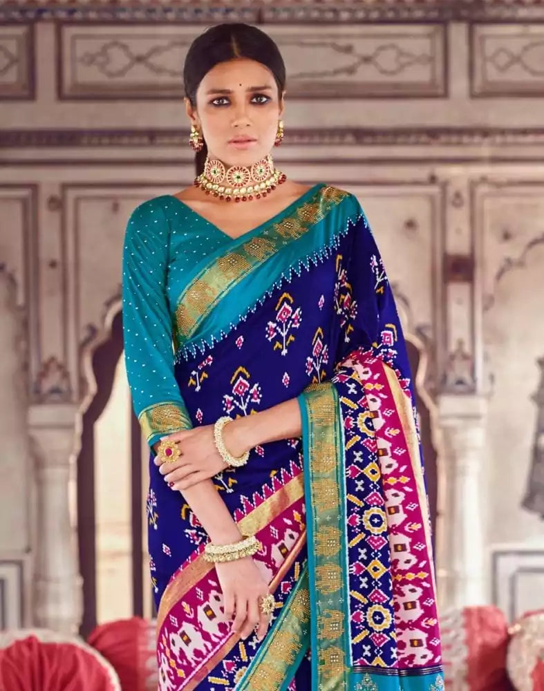 Image of Royal Blue Ikat Print Patola Saree