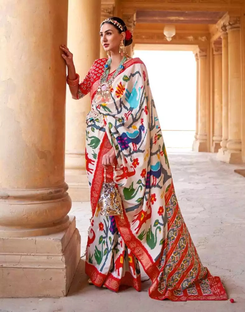 Image of Off White Novelty Pattern Patola Saree