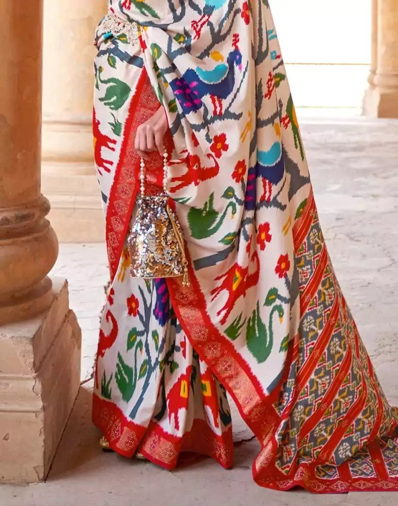 Image of Off White Novelty Pattern Patola Saree