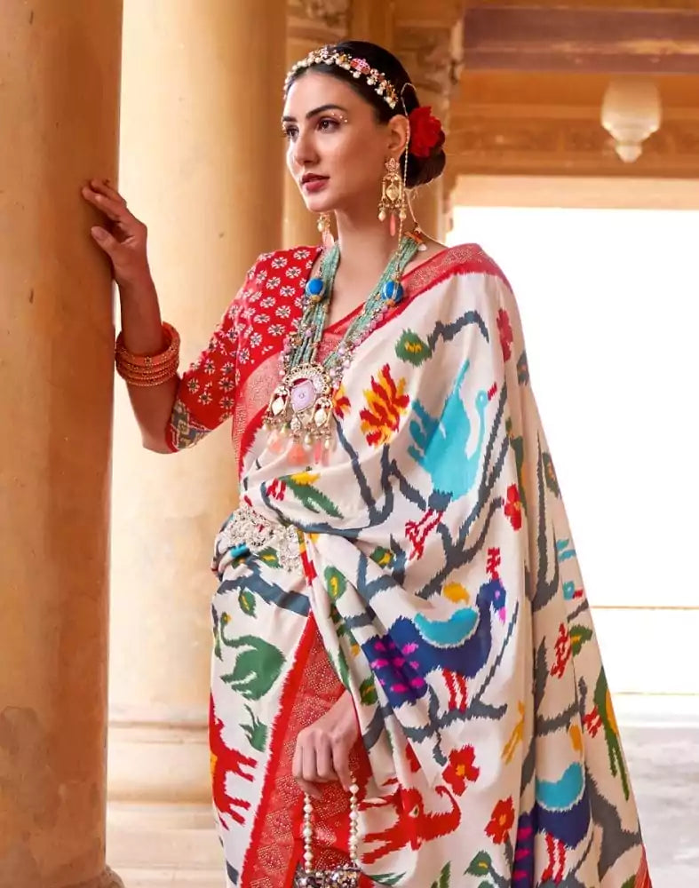 Image of Off White Novelty Pattern Patola Saree
