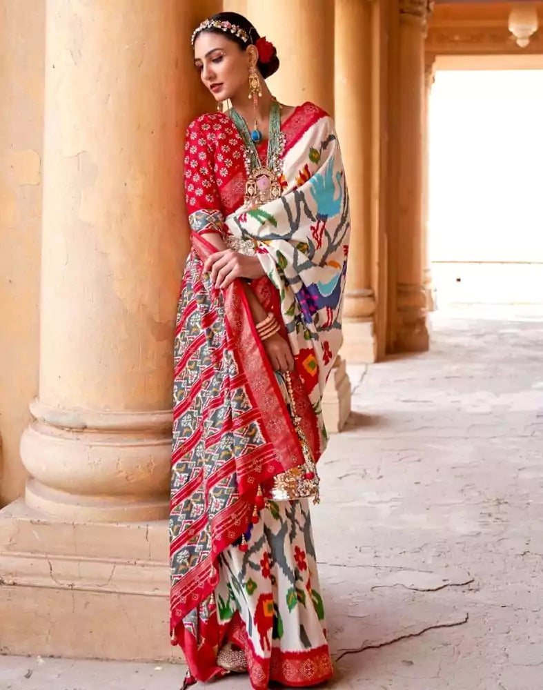 Image of Off White Novelty Pattern Patola Saree