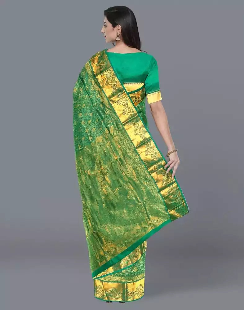Image of Green Floral Zari Pure Silk Saree