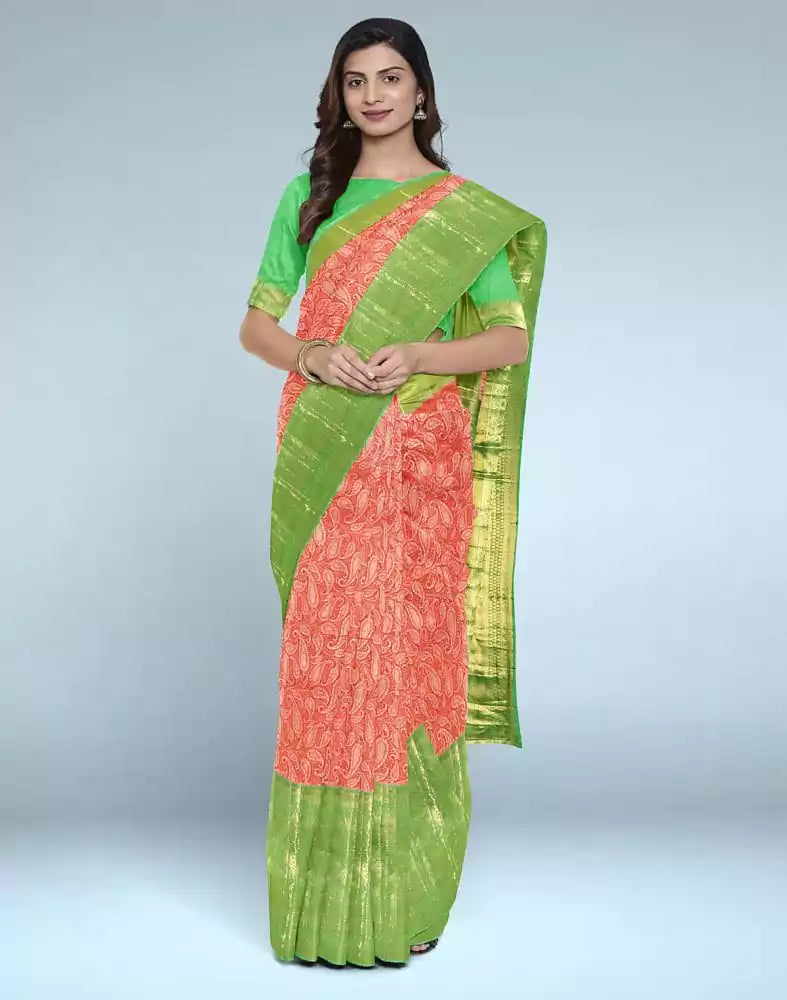 Image of Orange Paisley Silver Zari pure pattu Saree