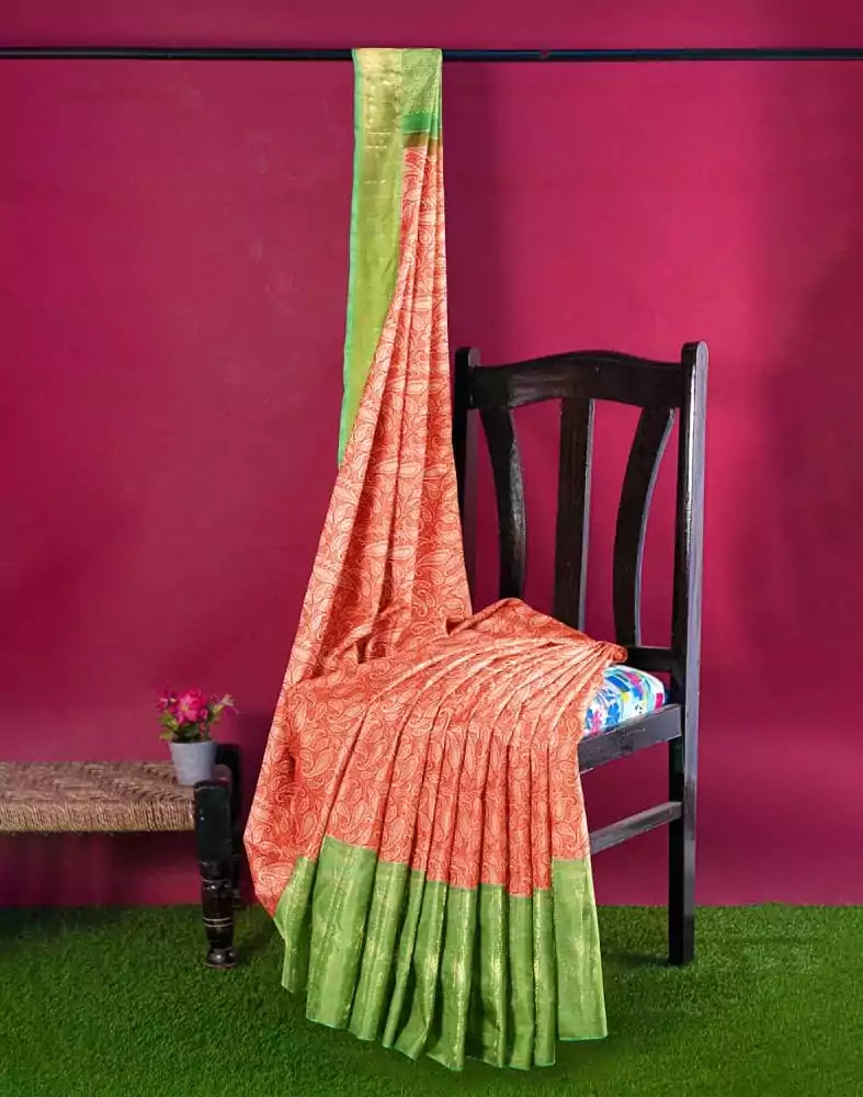 Image of Orange Paisley Silver Zari pure pattu Saree