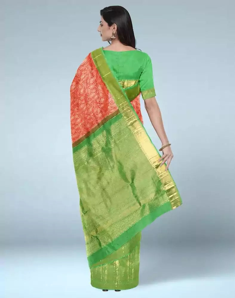 Image of Orange Paisley Silver Zari pure pattu Saree