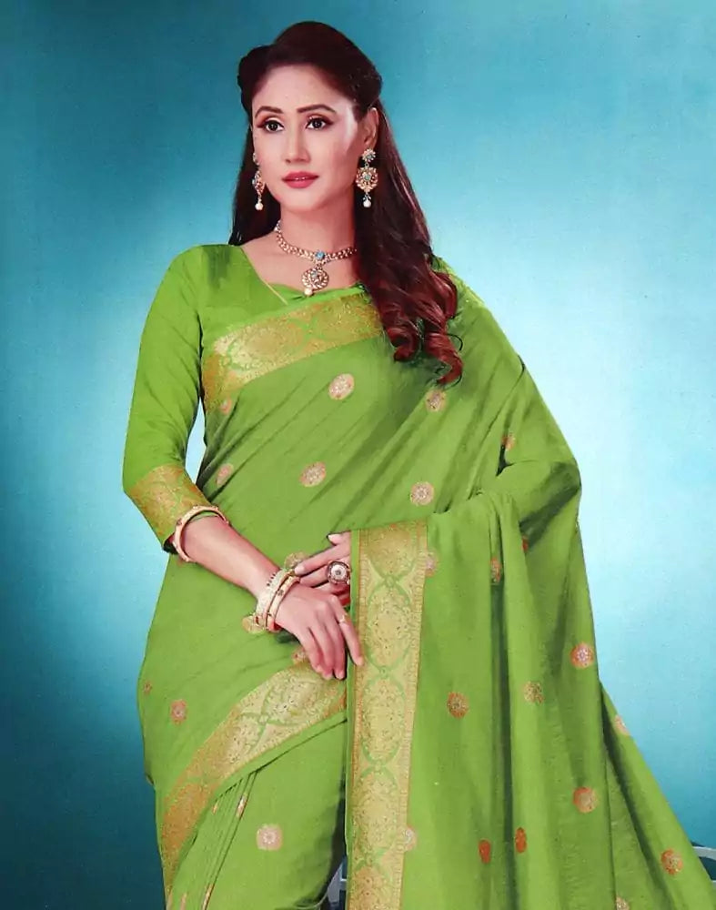 Image of Green Floral Stones work Semi Raw Silk Saree