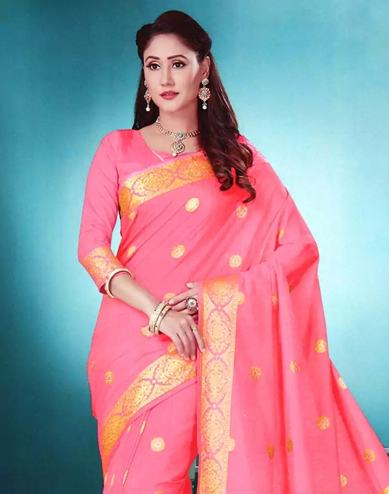 Image of Pink Floral Stones work Semi Raw Silk Saree