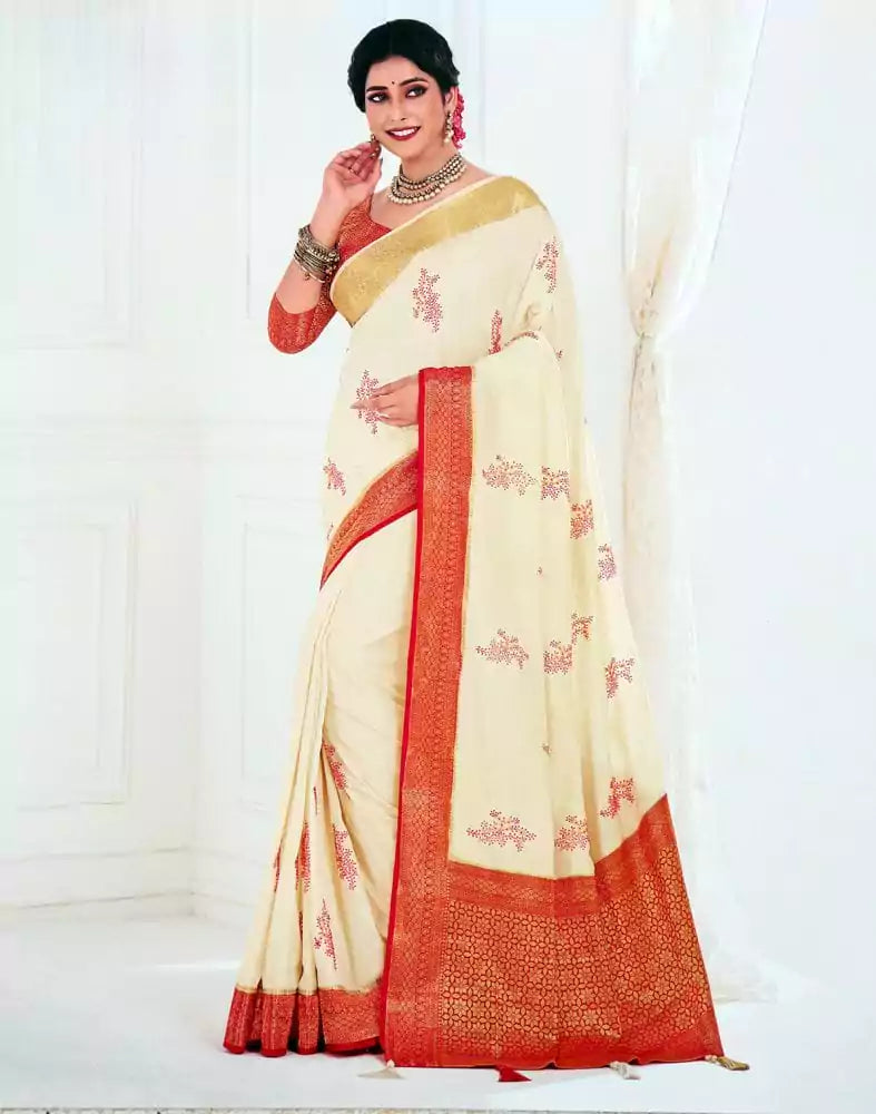 Image of Off White Botanical Pattern Embroidery work Banaras Fancy Saree