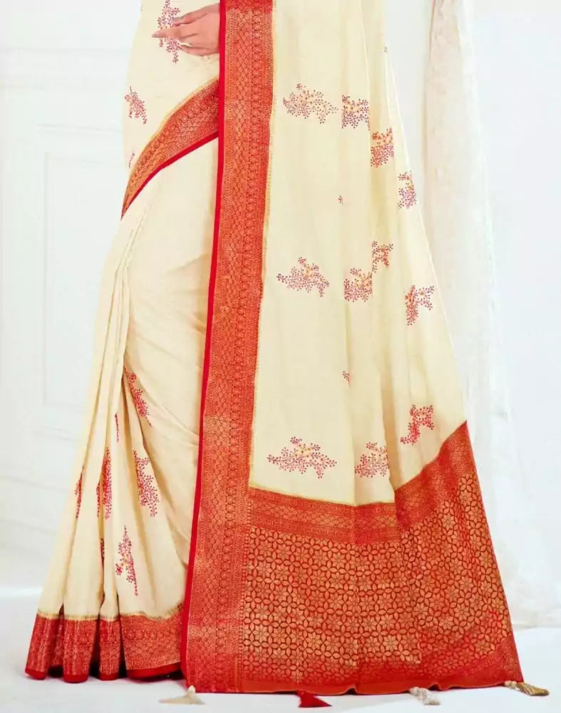 Image of Off White Botanical Pattern Embroidery work Banaras Fancy Saree