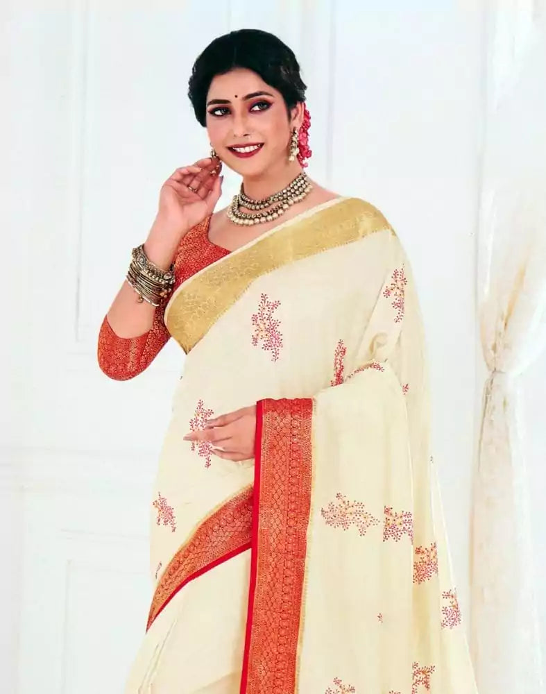 Image of Off White Botanical Pattern Embroidery work Banaras Fancy Saree