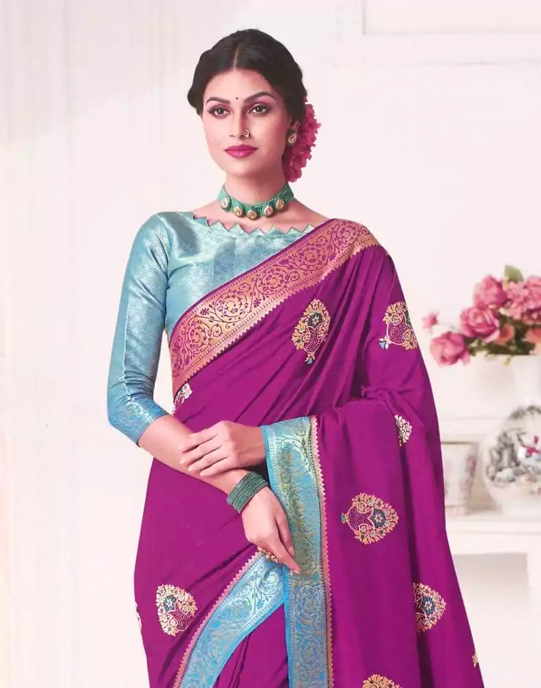 Image of Violet Botanical Embroidery work Banaras Fancy Saree