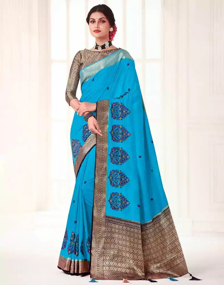 Image of Embroidery work Sky Blue Coloured Floral Banaras Fancy Saree
