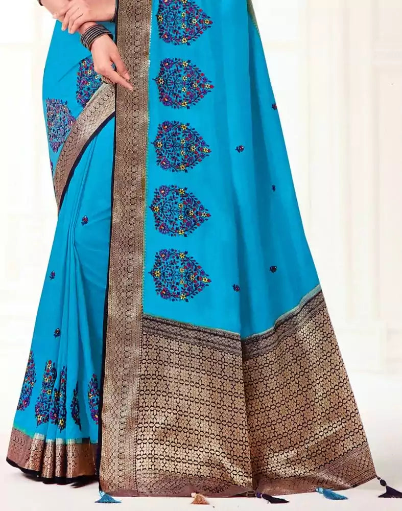 Image of Embroidery work Sky Blue Coloured Floral Banaras Fancy Saree