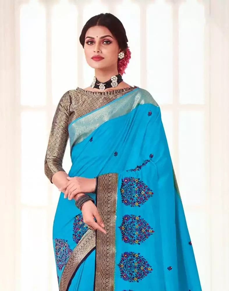 Image of Embroidery work Sky Blue Coloured Floral Banaras Fancy Saree