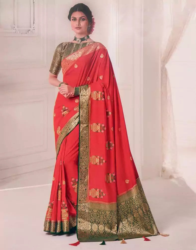 Image of Red Coloured Floral Embroidery work Banaras Fancy Saree