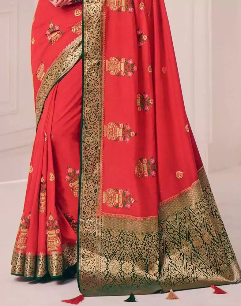 Image of Red Coloured Floral Embroidery work Banaras Fancy Saree